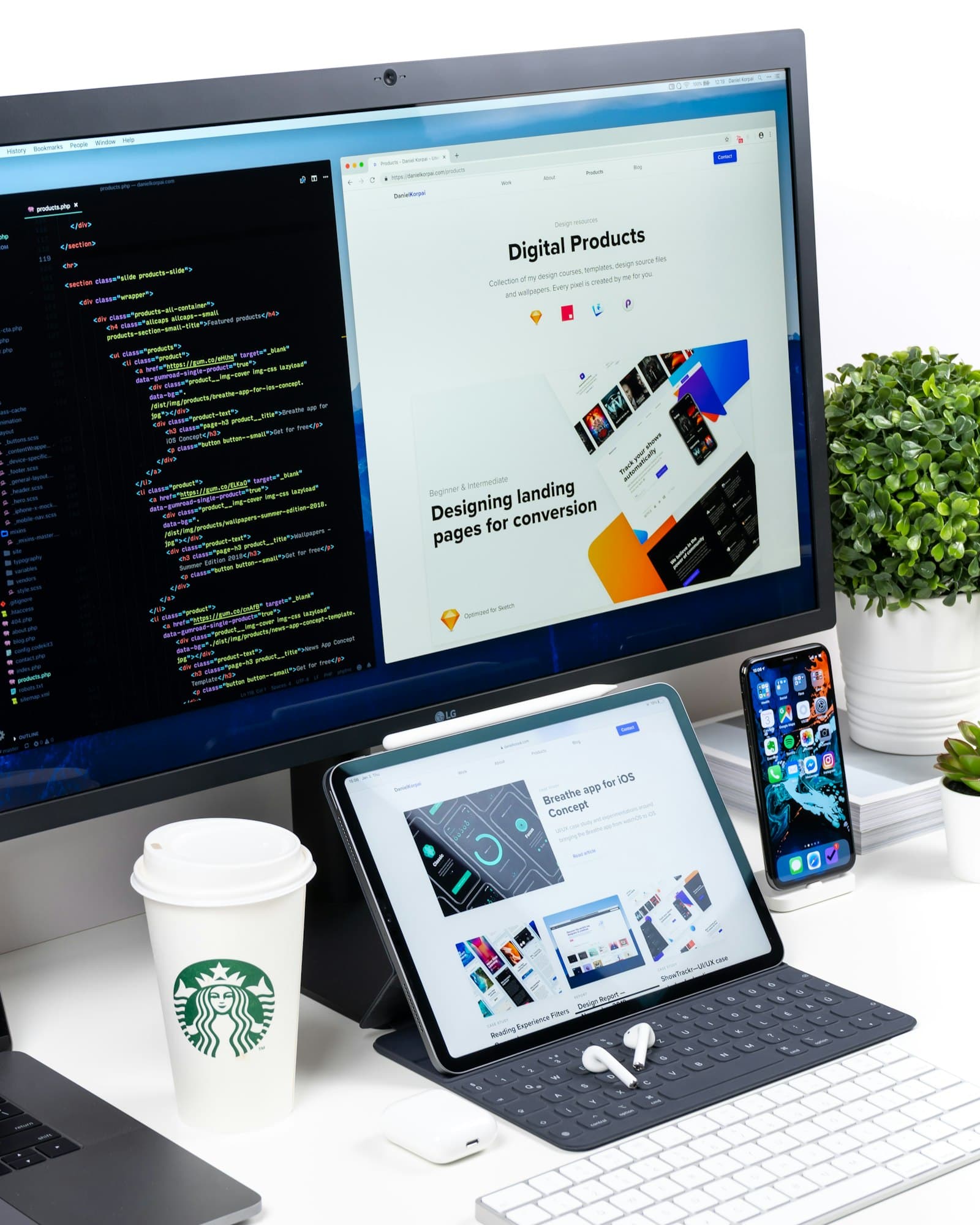 Mobile-first design workspace with iPhone, tablet, and reference monitor
